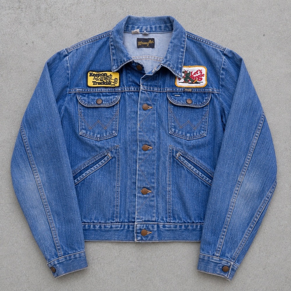 Vintage 60s Wrangler Denim Jacket Robert Crumb Keep on Truckin Patches Chevy 42